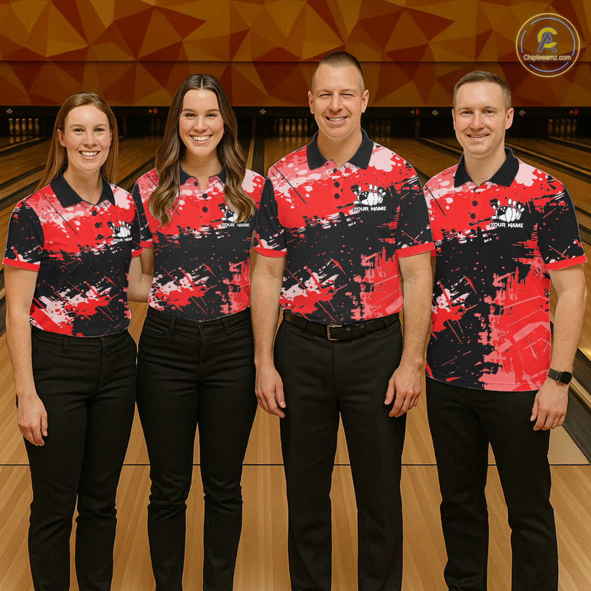 Red Grunge Paint Splatter Bowling Shirts For Men Custom Bowling League Team Jersey Polo & 1/4 Zip TDM7647