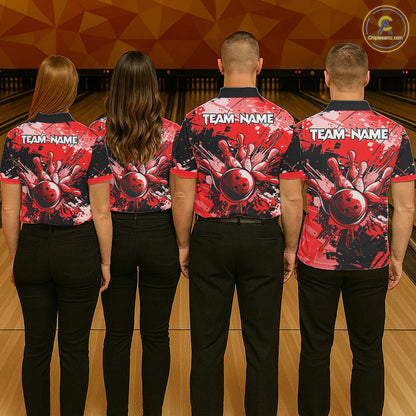 Red Grunge Paint Splatter Bowling Shirts For Men Custom Bowling League Team Jersey Polo & 1/4 Zip TDM7647