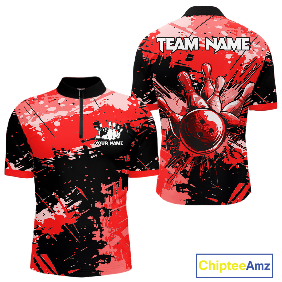 Red Grunge Paint Splatter Bowling Shirts For Men Custom Bowling League Team Jersey Polo & 1/4 Zip TDM7647