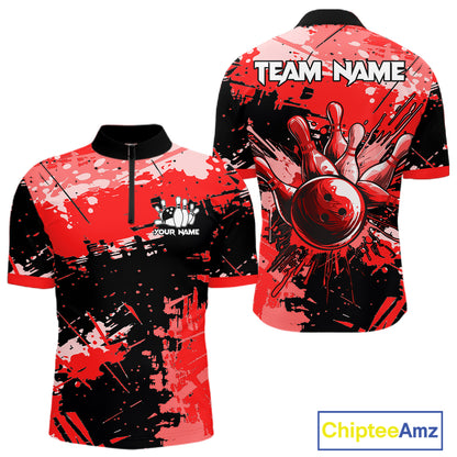Red Grunge Paint Splatter Bowling Shirts For Men Custom Bowling League Team Jersey Polo & 1/4 Zip TDM7647