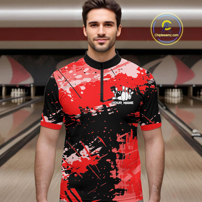 Red Grunge Paint Splatter Bowling Shirts For Men Custom Bowling League Team Jersey Polo & 1/4 Zip TDM7647