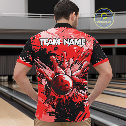 Red Grunge Paint Splatter Bowling Shirts For Men Custom Bowling League Team Jersey Polo & 1/4 Zip TDM7647