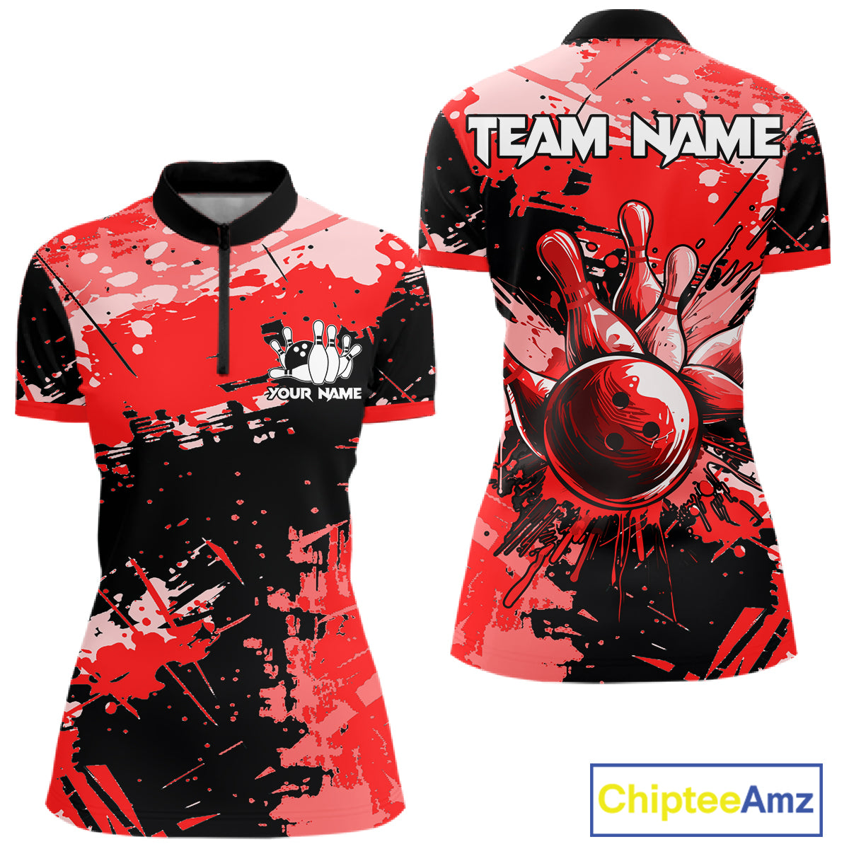 Red Grunge Paint Splatter Bowling Shirts For Women Custom Bowling League Team Jersey Polo & 1/4 Zip TDM7647