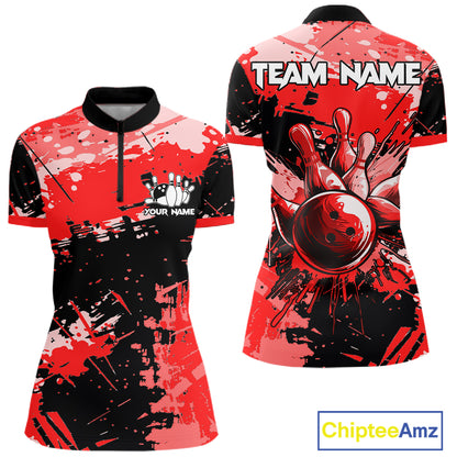 Red Grunge Paint Splatter Bowling Shirts For Women Custom Bowling League Team Jersey Polo & 1/4 Zip TDM7647