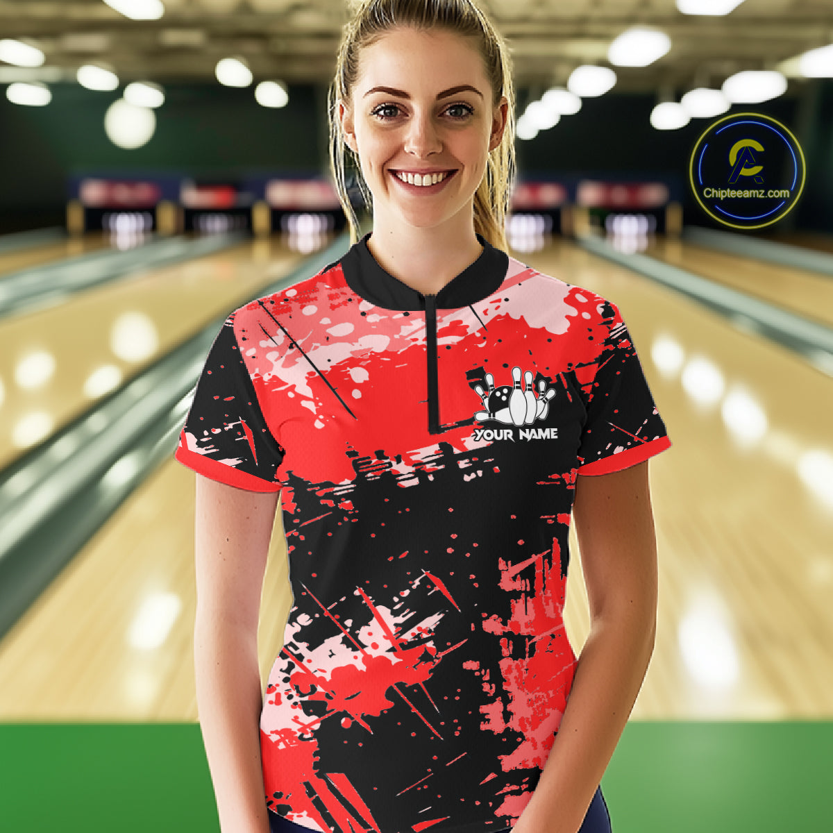 Red Grunge Paint Splatter Bowling Shirts For Women Custom Bowling League Team Jersey Polo & 1/4 Zip TDM7647