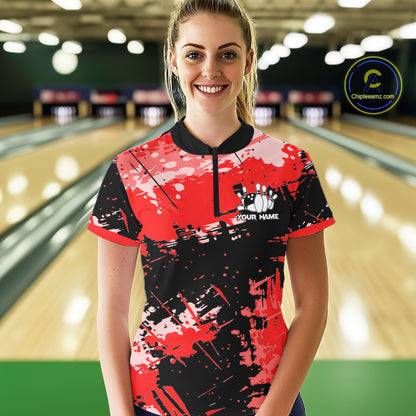 Red Grunge Paint Splatter Bowling Shirts For Women Custom Bowling League Team Jersey Polo & 1/4 Zip TDM7647