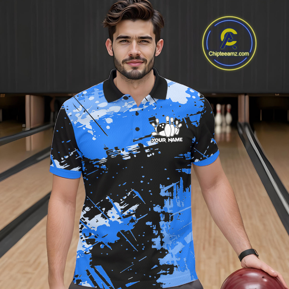 Blue Grunge Paint Splatter Bowling Shirts For Men Custom Bowling League Team Jersey Polo & 1/4 Zip TDM7648