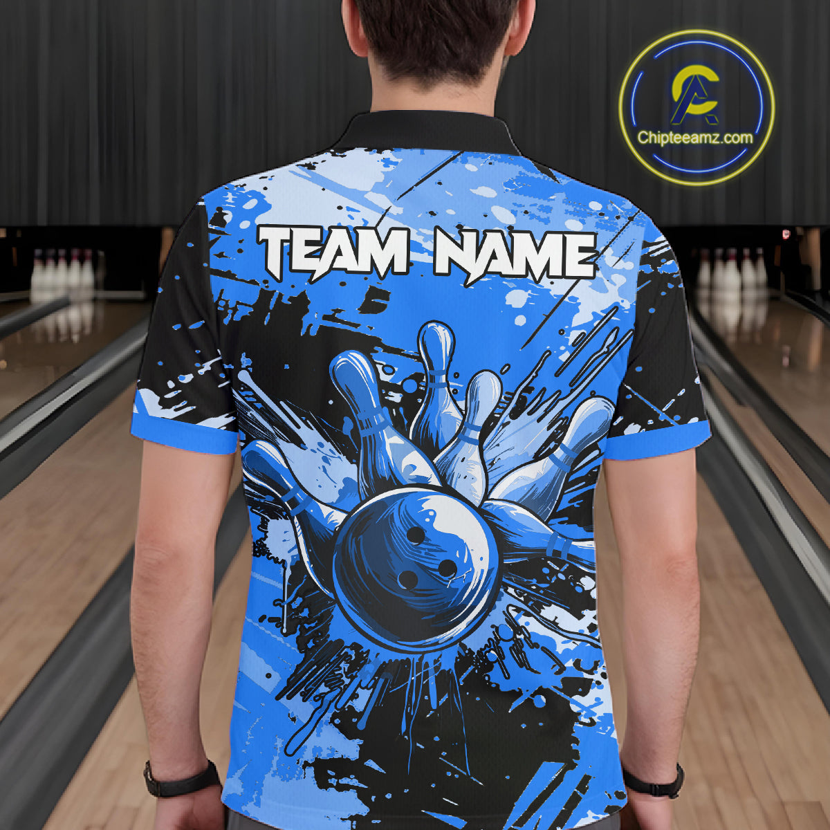 Blue Grunge Paint Splatter Bowling Shirts For Men Custom Bowling League Team Jersey Polo & 1/4 Zip TDM7648