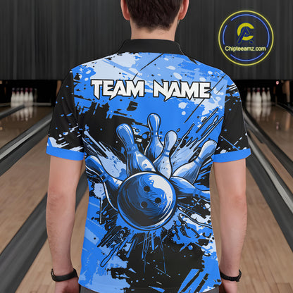 Blue Grunge Paint Splatter Bowling Shirts For Men Custom Bowling League Team Jersey Polo & 1/4 Zip TDM7648