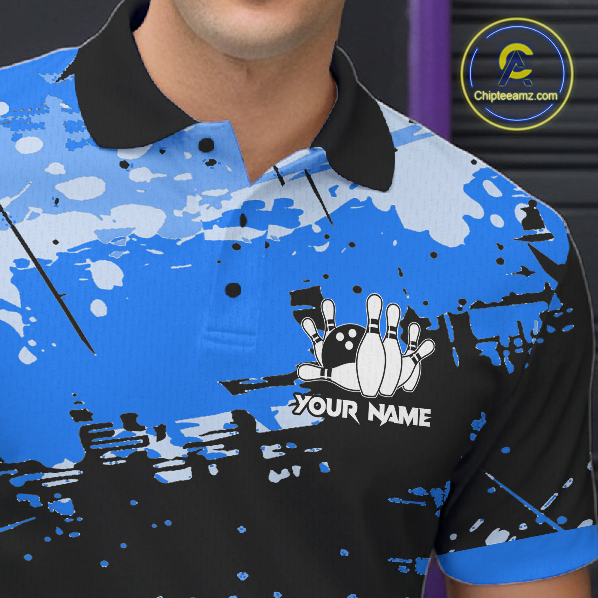 Blue Grunge Paint Splatter Bowling Shirts For Men Custom Bowling League Team Jersey Polo & 1/4 Zip TDM7648