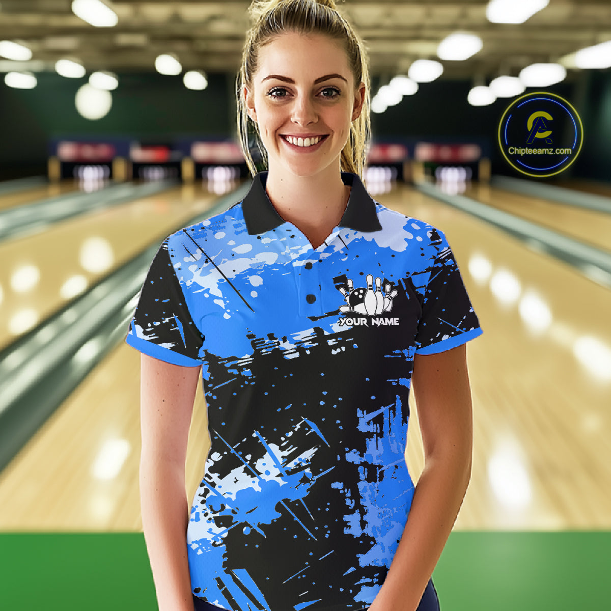Blue Grunge Paint Splatter Bowling Shirts For Women Custom Bowling League Team Jersey Polo & 1/4 Zip TDM7648