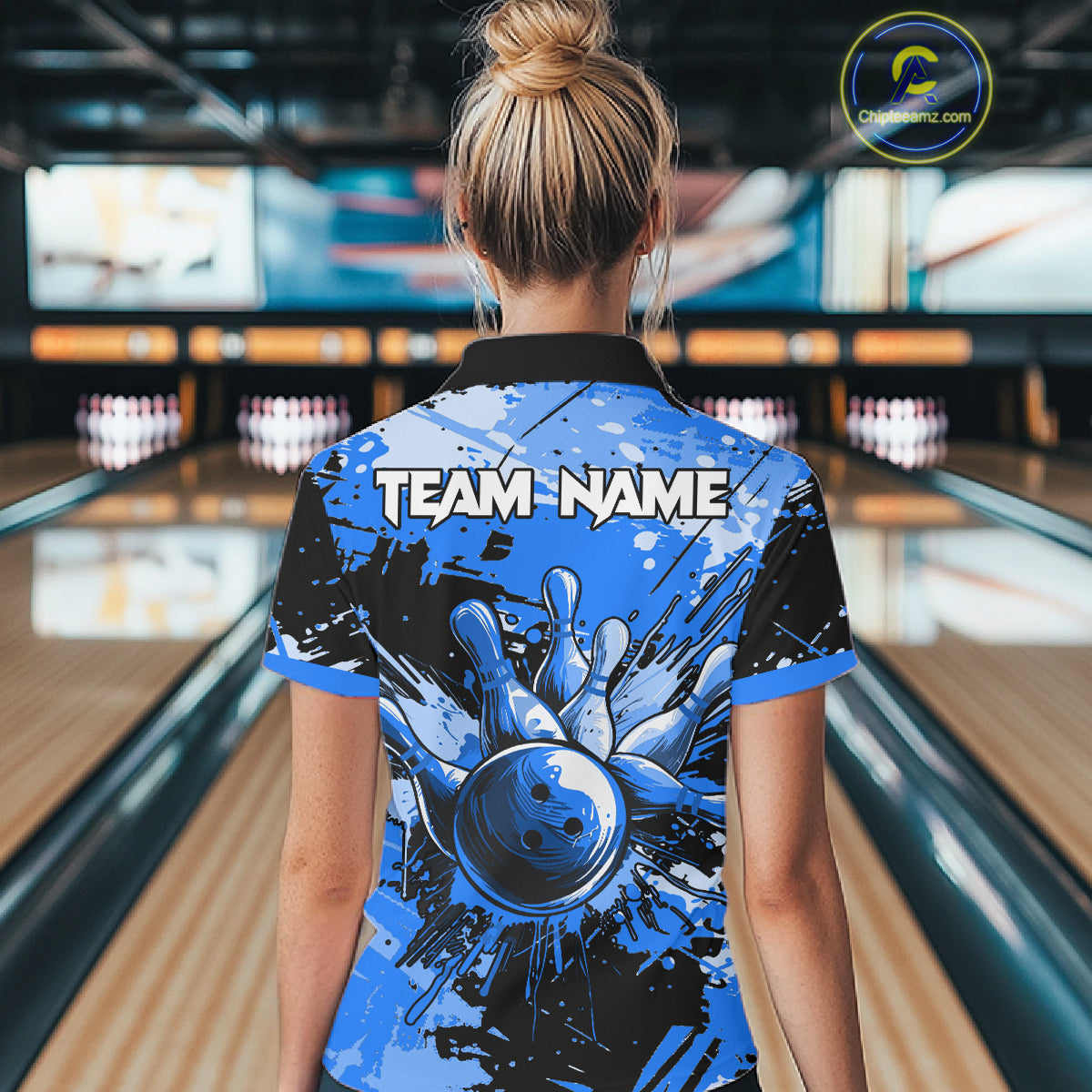 Blue Grunge Paint Splatter Bowling Shirts For Women Custom Bowling League Team Jersey Polo & 1/4 Zip TDM7648