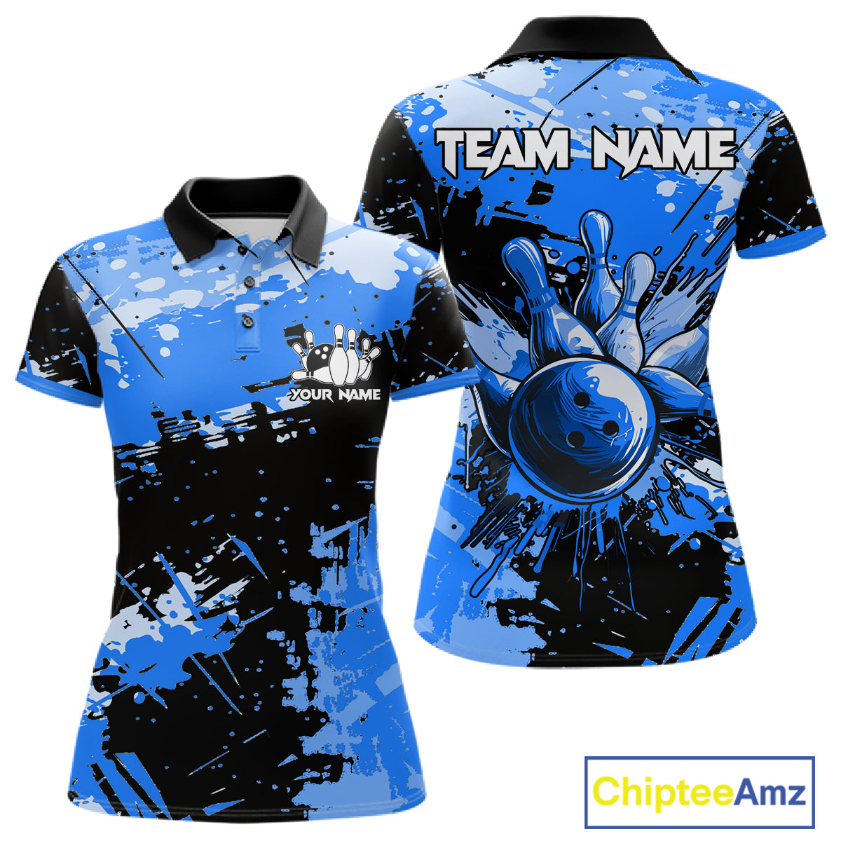 Blue Grunge Paint Splatter Bowling Shirts For Women Custom Bowling League Team Jersey Polo & 1/4 Zip TDM7648