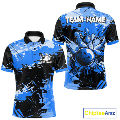 Blue Grunge Paint Splatter Bowling Shirts For Men Custom Bowling League Team Jersey Polo & 1/4 Zip TDM7648