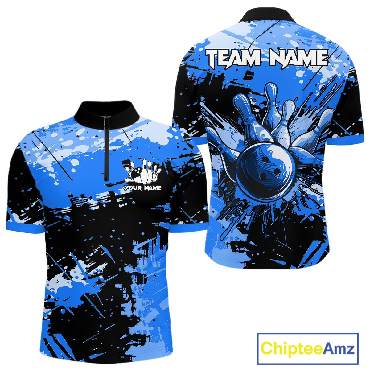 Blue Grunge Paint Splatter Bowling Shirts For Men Custom Bowling League Team Jersey Polo & 1/4 Zip TDM7648