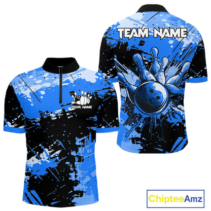 Blue Grunge Paint Splatter Bowling Shirts For Men Custom Bowling League Team Jersey Polo & 1/4 Zip TDM7648