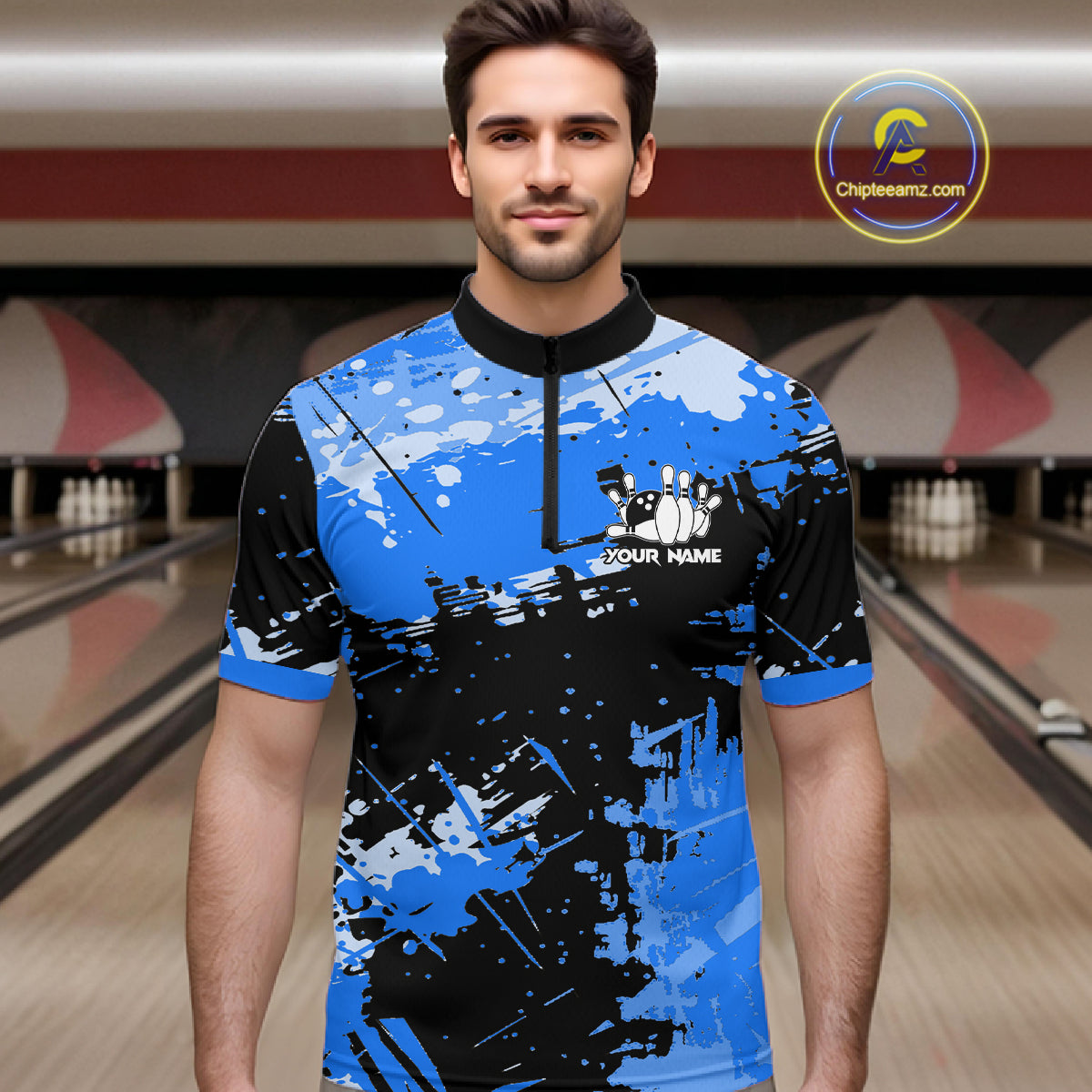 Blue Grunge Paint Splatter Bowling Shirts For Men Custom Bowling League Team Jersey Polo & 1/4 Zip TDM7648