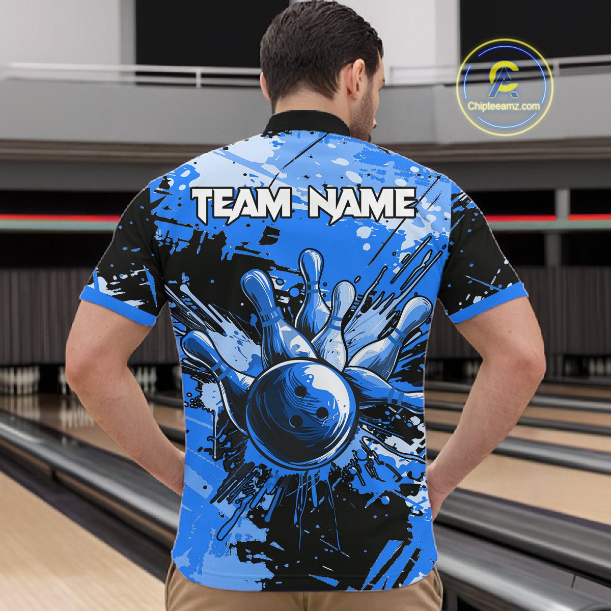 Blue Grunge Paint Splatter Bowling Shirts For Men Custom Bowling League Team Jersey Polo & 1/4 Zip TDM7648
