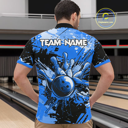 Blue Grunge Paint Splatter Bowling Shirts For Men Custom Bowling League Team Jersey Polo & 1/4 Zip TDM7648
