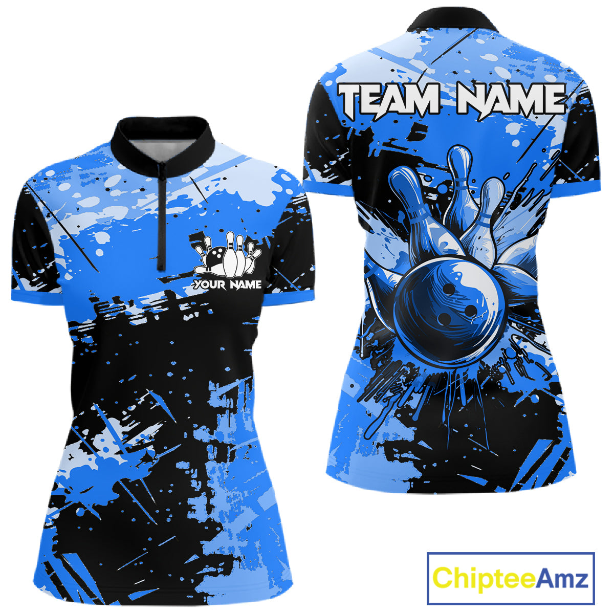 Blue Grunge Paint Splatter Bowling Shirts For Women Custom Bowling League Team Jersey Polo & 1/4 Zip TDM7648