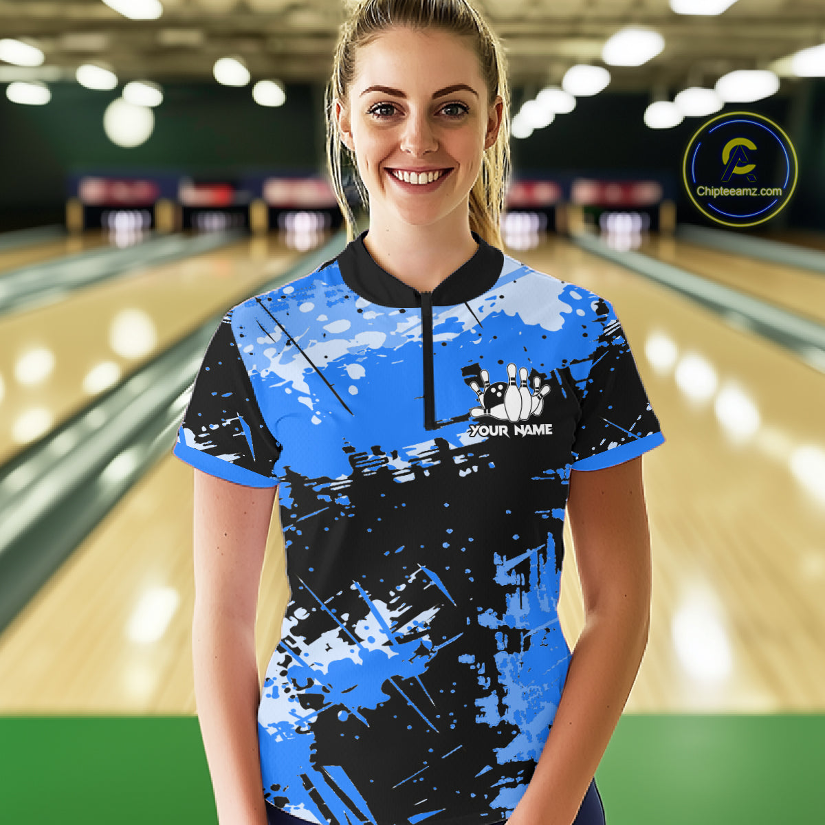 Blue Grunge Paint Splatter Bowling Shirts For Women Custom Bowling League Team Jersey Polo & 1/4 Zip TDM7648