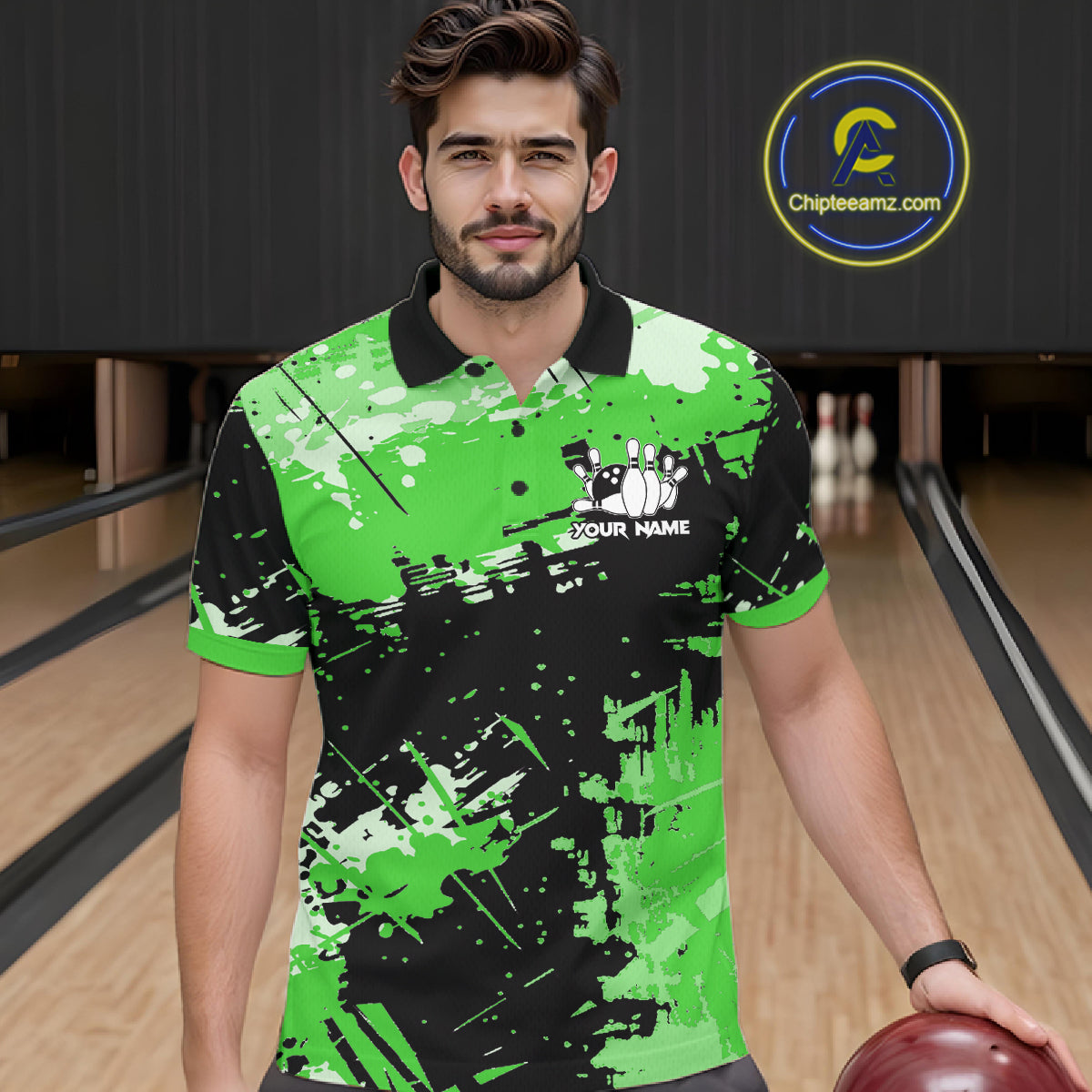 Green Grunge Paint Splatter Bowling Shirts For Men Custom Bowling League Team Jersey Polo & 1/4 Zip TDM7649