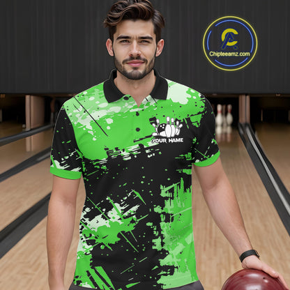 Green Grunge Paint Splatter Bowling Shirts For Men Custom Bowling League Team Jersey Polo & 1/4 Zip TDM7649