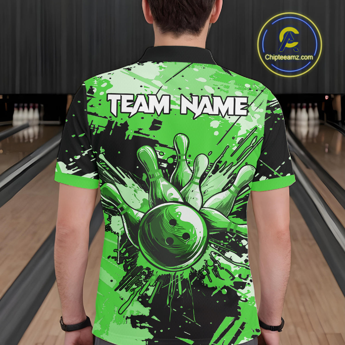 Green Grunge Paint Splatter Bowling Shirts For Men Custom Bowling League Team Jersey Polo & 1/4 Zip TDM7649
