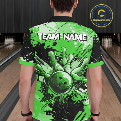Green Grunge Paint Splatter Bowling Shirts For Men Custom Bowling League Team Jersey Polo & 1/4 Zip TDM7649