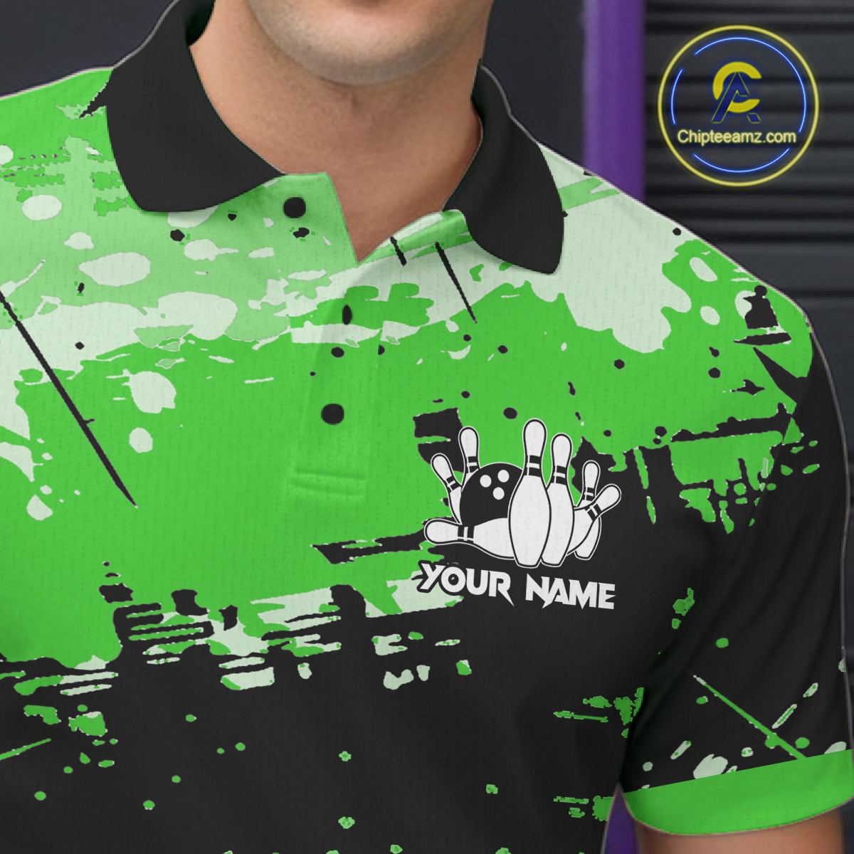 Green Grunge Paint Splatter Bowling Shirts For Men Custom Bowling League Team Jersey Polo & 1/4 Zip TDM7649