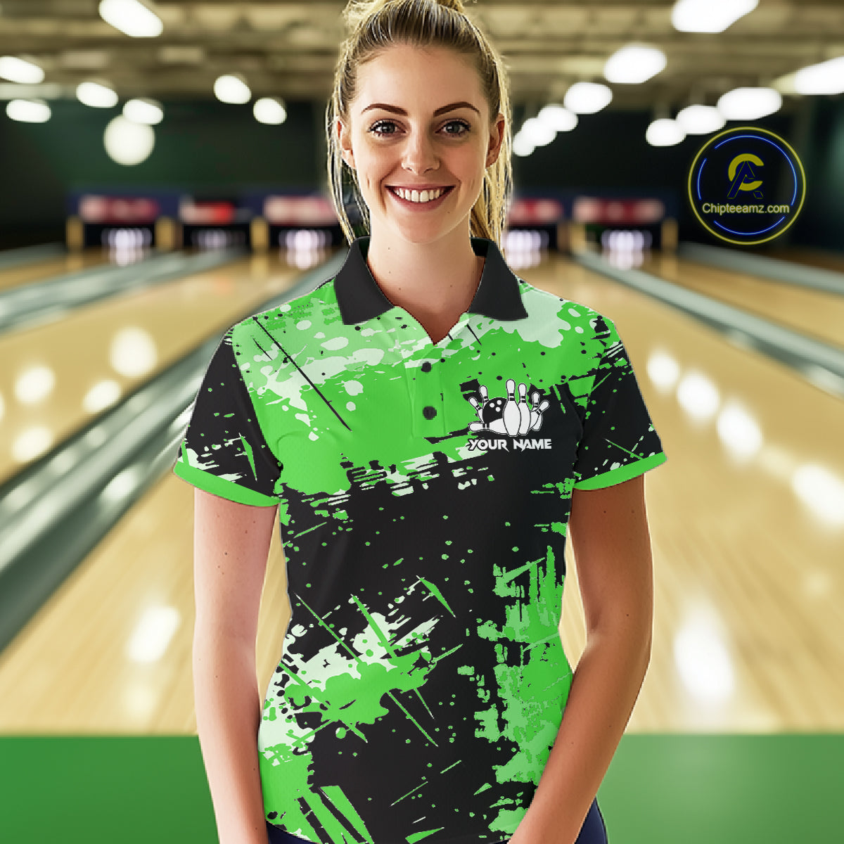 Green Grunge Paint Splatter Bowling Shirts For Women Custom Bowling League Team Jersey Polo & 1/4 Zip TDM7649