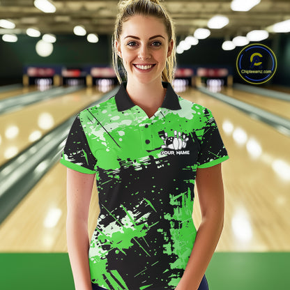 Green Grunge Paint Splatter Bowling Shirts For Women Custom Bowling League Team Jersey Polo & 1/4 Zip TDM7649