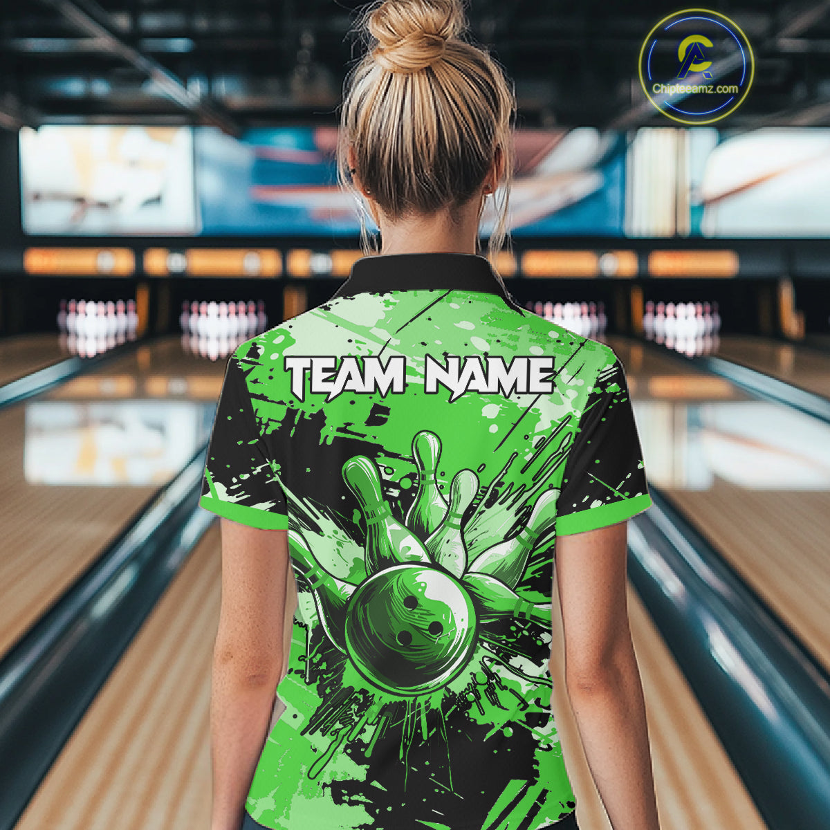 Green Grunge Paint Splatter Bowling Shirts For Women Custom Bowling League Team Jersey Polo & 1/4 Zip TDM7649