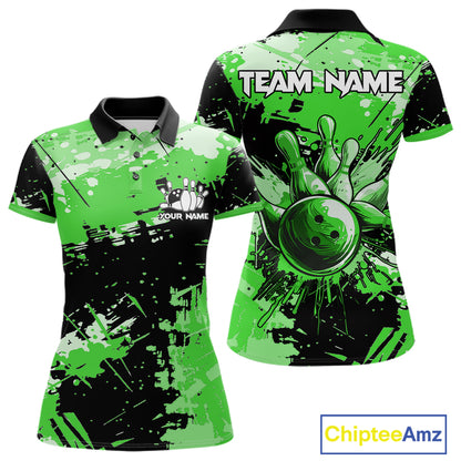Green Grunge Paint Splatter Bowling Shirts For Women Custom Bowling League Team Jersey Polo & 1/4 Zip TDM7649