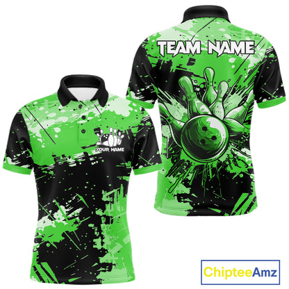Green Grunge Paint Splatter Bowling Shirts For Men Custom Bowling League Team Jersey Polo & 1/4 Zip TDM7649