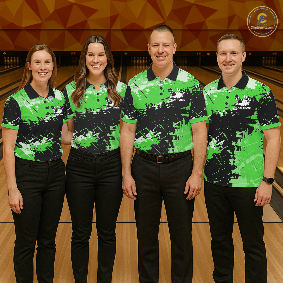 Green Grunge Paint Splatter Bowling Shirts For Men Custom Bowling League Team Jersey Polo & 1/4 Zip TDM7649