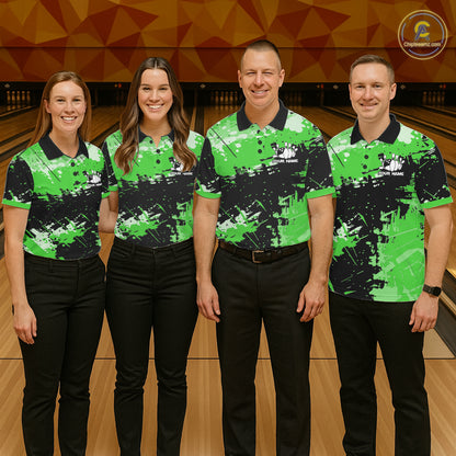 Green Grunge Paint Splatter Bowling Shirts For Men Custom Bowling League Team Jersey Polo & 1/4 Zip TDM7649