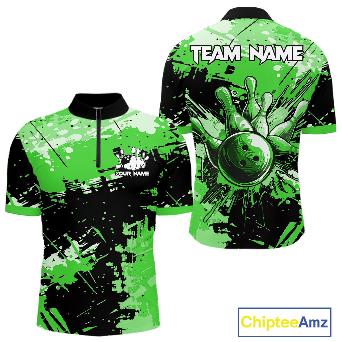 Green Grunge Paint Splatter Bowling Shirts For Men Custom Bowling League Team Jersey Polo & 1/4 Zip TDM7649