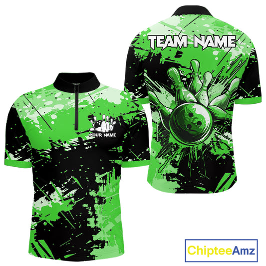 Green Grunge Paint Splatter Bowling Shirts For Men Custom Bowling League Team Jersey Polo & 1/4 Zip TDM7649