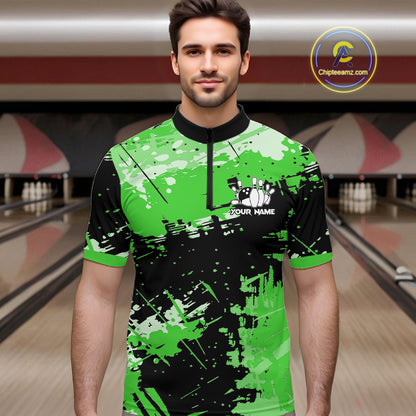 Green Grunge Paint Splatter Bowling Shirts For Men Custom Bowling League Team Jersey Polo & 1/4 Zip TDM7649