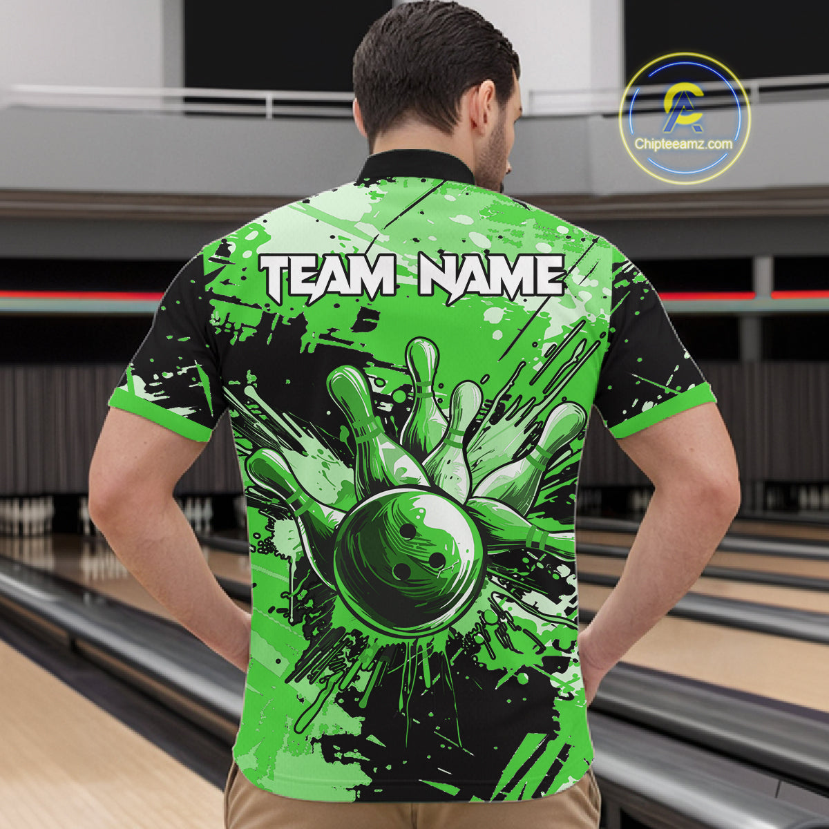 Green Grunge Paint Splatter Bowling Shirts For Men Custom Bowling League Team Jersey Polo & 1/4 Zip TDM7649
