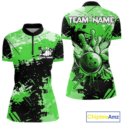 Green Grunge Paint Splatter Bowling Shirts For Women Custom Bowling League Team Jersey Polo & 1/4 Zip TDM7649