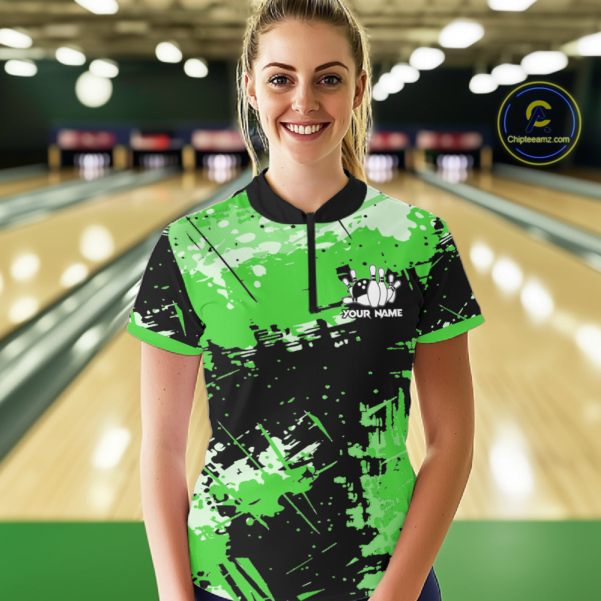 Green Grunge Paint Splatter Bowling Shirts For Women Custom Bowling League Team Jersey Polo & 1/4 Zip TDM7649
