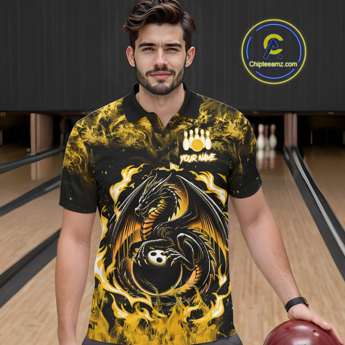 Black And Yellow Flaming Dragon Bowling Jersey For Men Custom Bowling League Team Shirts TDM7650