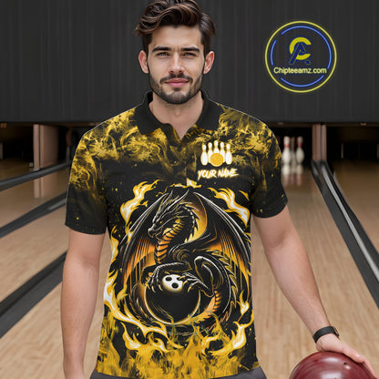 Black And Yellow Flaming Dragon Bowling Jersey For Men Custom Bowling League Team Shirts TDM7650