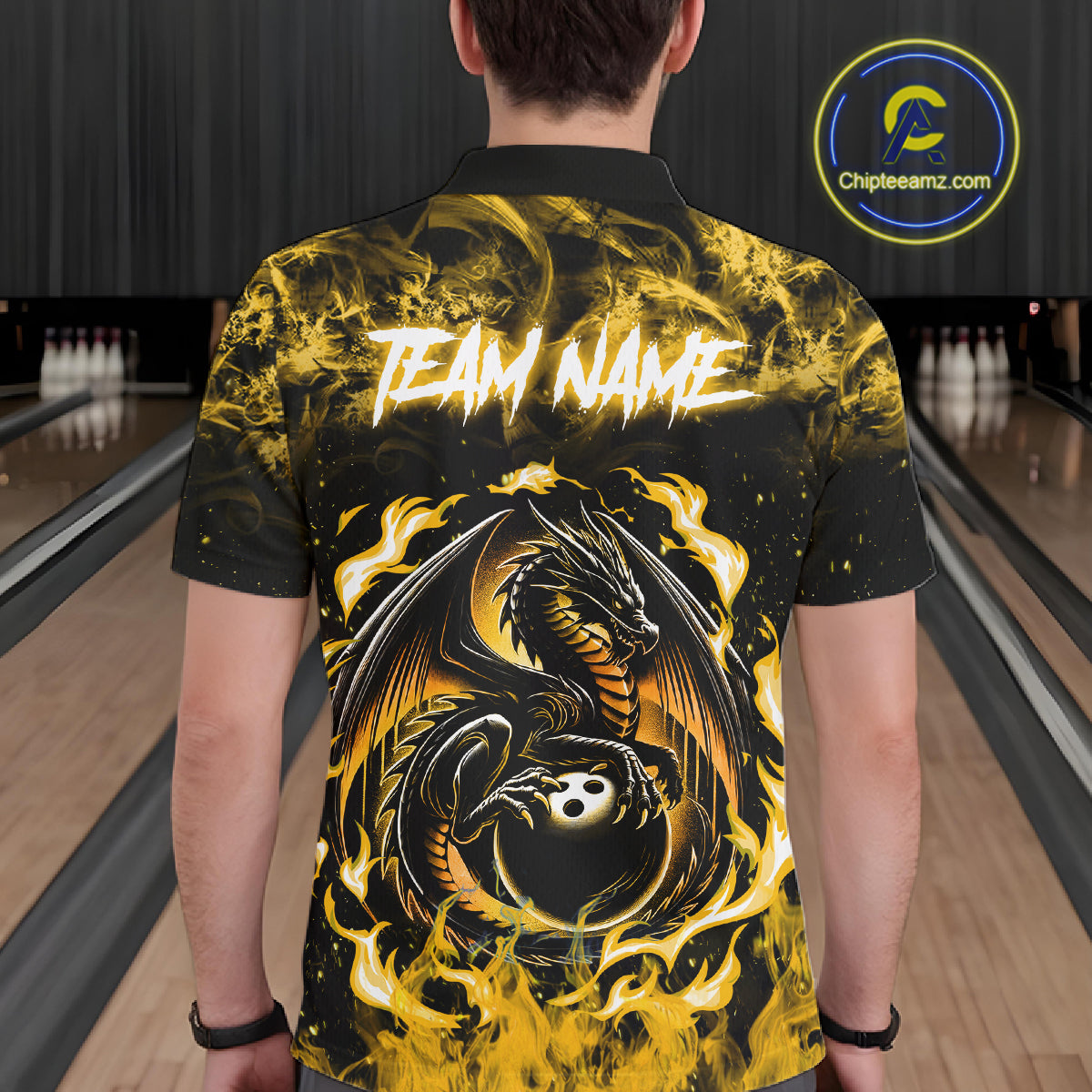 Black And Yellow Flaming Dragon Bowling Jersey For Men Custom Bowling League Team Shirts TDM7650