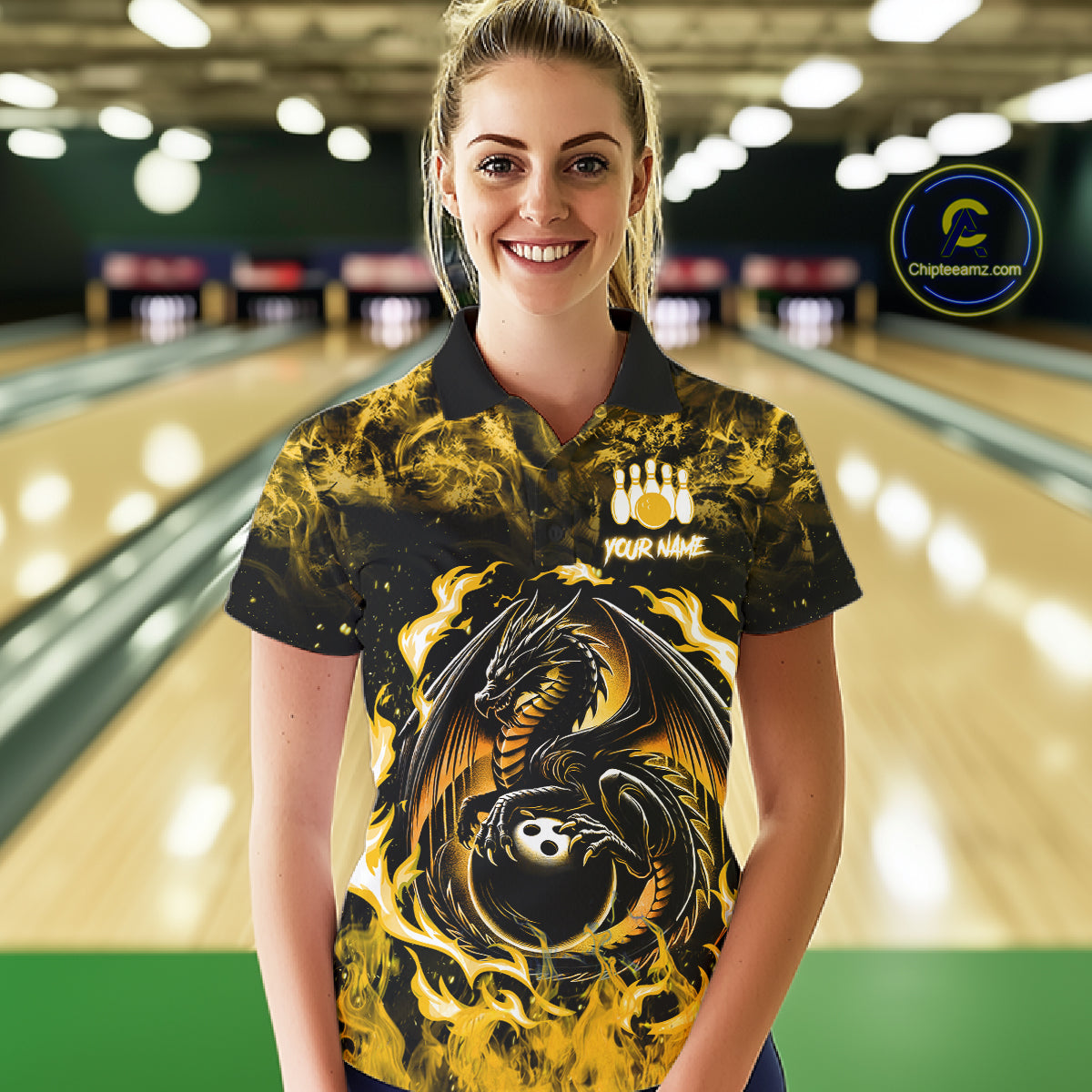 Black And Yellow Flaming Dragon Bowling Jersey For Women Custom Bowling League Team Shirts TDM7650