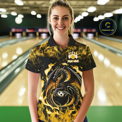 Black And Yellow Flaming Dragon Bowling Jersey For Women Custom Bowling League Team Shirts TDM7650
