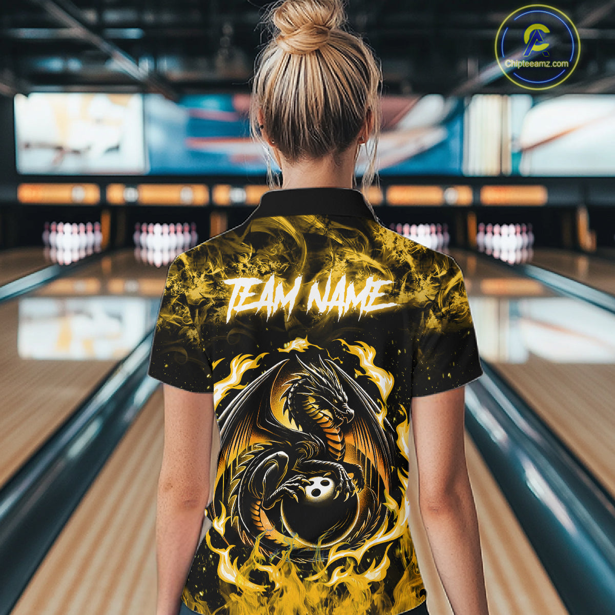 Black And Yellow Flaming Dragon Bowling Jersey For Women Custom Bowling League Team Shirts TDM7650