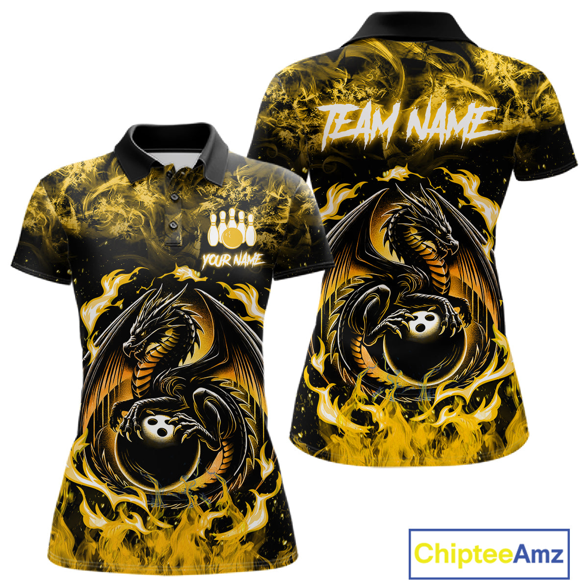 Black And Yellow Flaming Dragon Bowling Jersey For Women Custom Bowling League Team Shirts TDM7650
